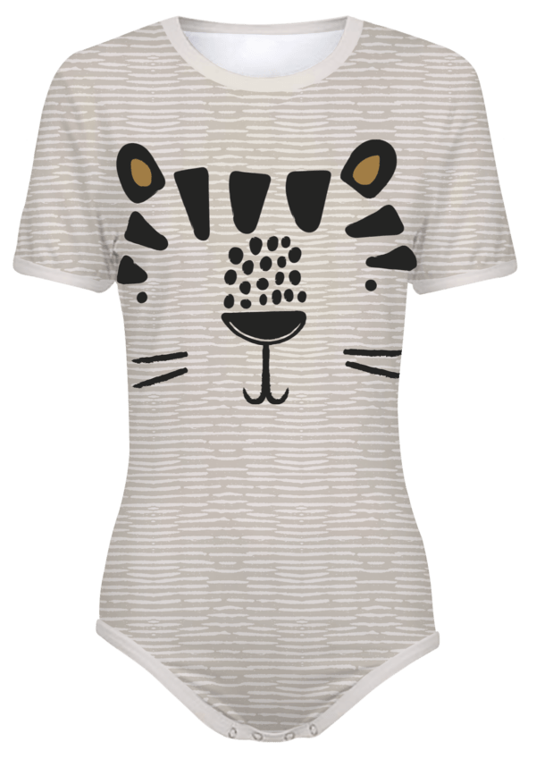 Adult snap-crotch bodysuit onesies with a tan safari pattern background and cartoon lion face on front