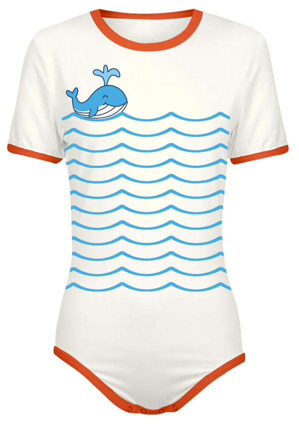 Adult Snap-Crotch Bodysuit Whale ABDL Onesie. Features a cartoon whale and waves on the front.
