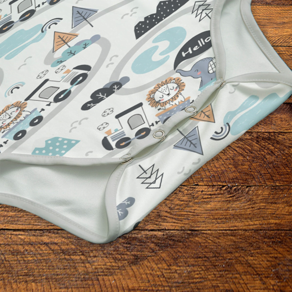 Animal Train Onesie Snaps Closeup Mockup V1
