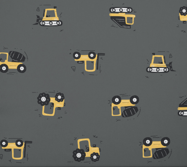 Construction Trucks Pattern Design Gray Fabric Closeup
