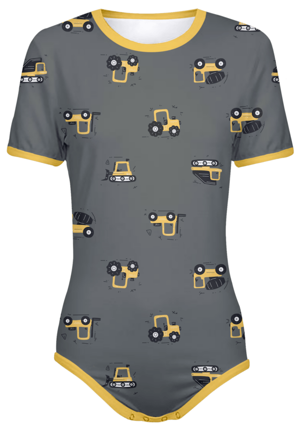 Adult Snap-Crotch Bodysuit ABDL Onesie in Gray with Construction Trucks