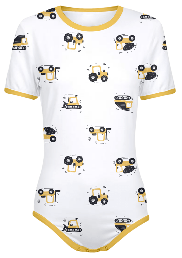 Adult Snap-Crotch Bodysuit ABDL Onesie in white with Construction Trucks