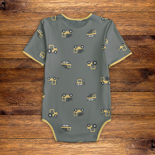 Construction Trucks Pattern Gray Onesie Back Mockup V1