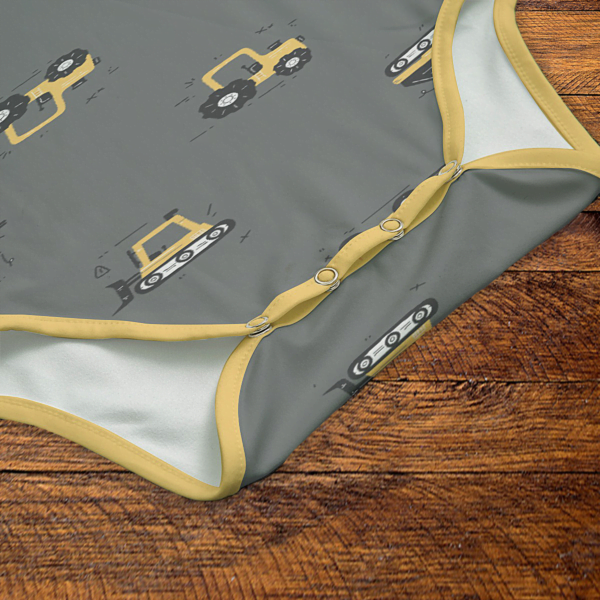 Construction Trucks Pattern Gray Onesie Snaps Closeup Mockup V1