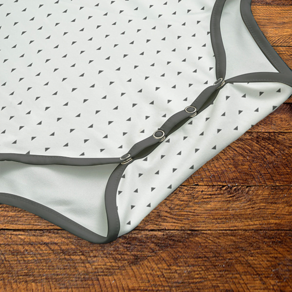 Gray Triangles Gray and White Onesie Snaps Closeup