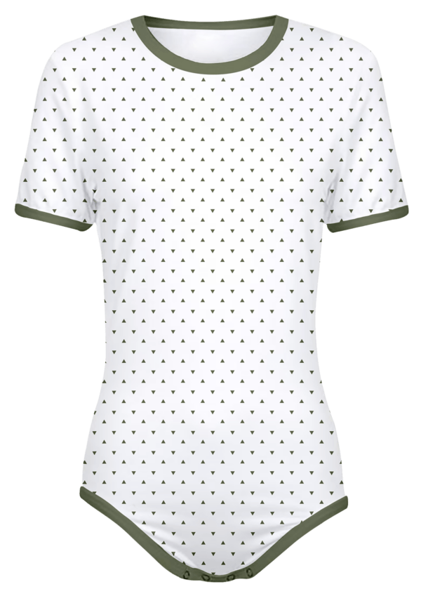 Adult Snap-Crotch Bodysuit Undershirt Onesie on White with Green Triangles Pattern