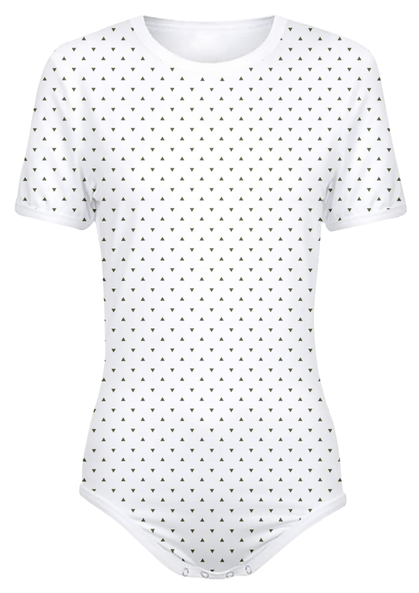 Adult Snap-Crotch Bodysuit Undershirt Onesie on White with Green Triangles Pattern
