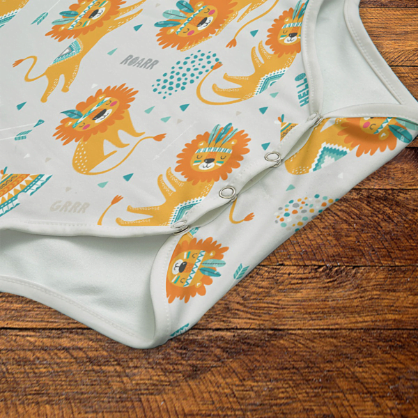 Lost Boy Lion Gray Onesie Snaps Closeup Mockup V1