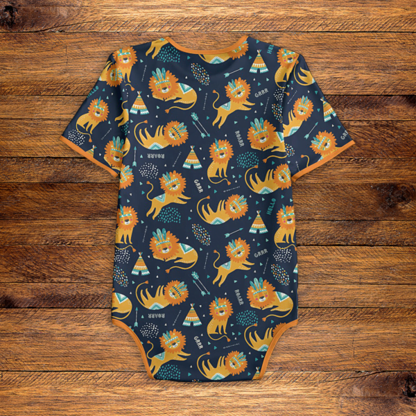 Lost Boy Lion Orange and Navy Onesie Back Mockup V1