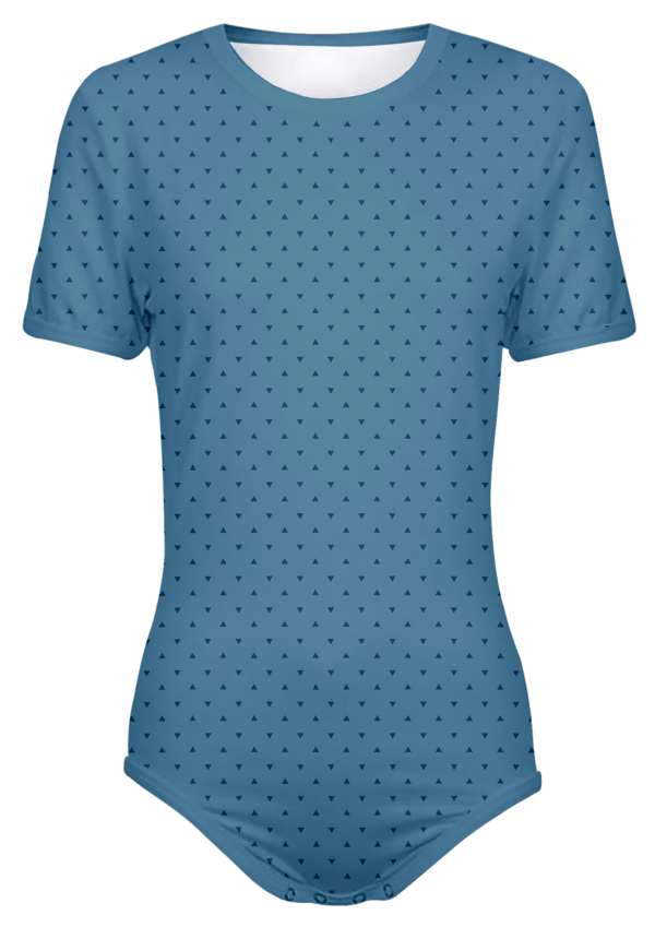Adult Snap-Crotch Bodysuit Undershirt Onesie on Blue with Navy Triangles Pattern