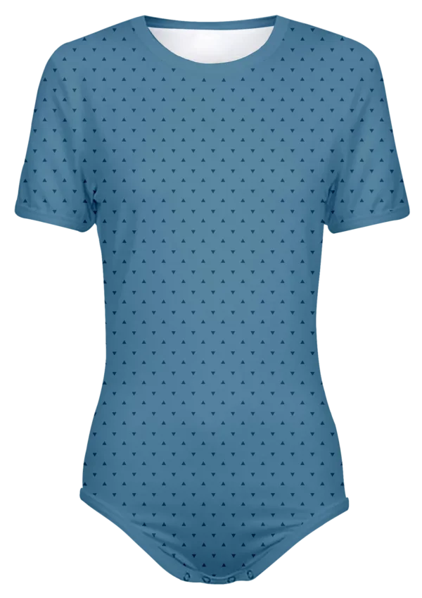 Adult Snap-Crotch Bodysuit Undershirt Onesie on Blue with Navy Triangles Pattern