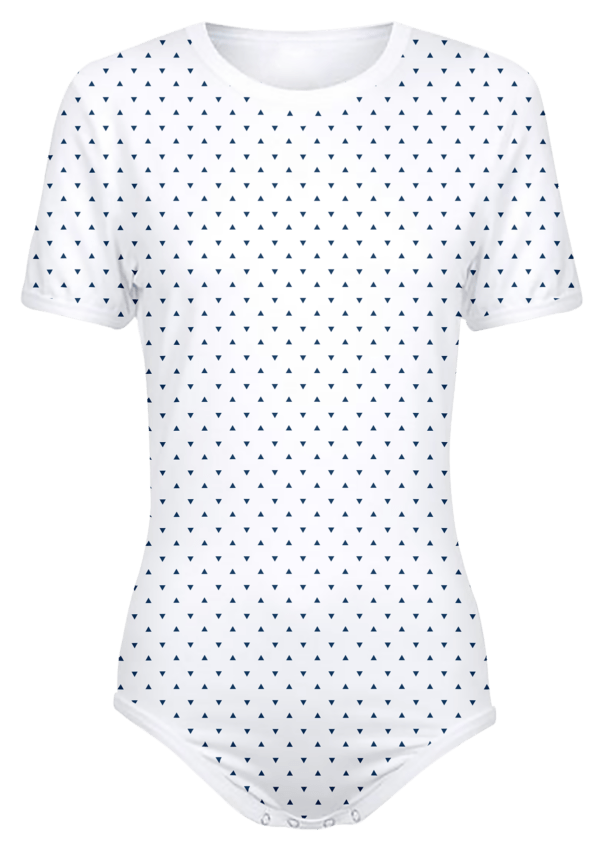 Adult Snap-Crotch Bodysuit Undershirt Onesie on White with Navy Triangles Pattern