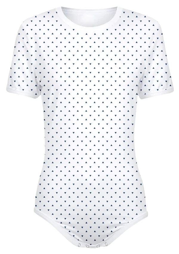 Adult Snap-Crotch Bodysuit Undershirt Onesie on White with Navy Triangles Pattern