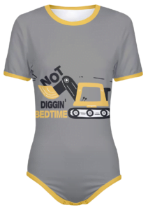 ABDL Construction Onesie - Not Diggin Bedtime with Cartoon Excavator on front - Gray with Yellow Trim