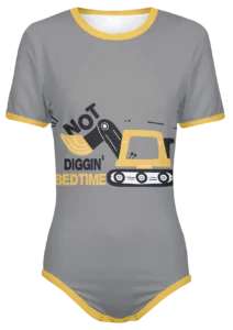 ABDL Construction Onesie - Not Diggin Bedtime with Cartoon Excavator on front - Gray with Yellow Trim