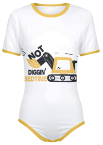 ABDL Construction Onesie - Not Diggin Bedtime with Cartoon Excavator on front - White with Yellow Trim