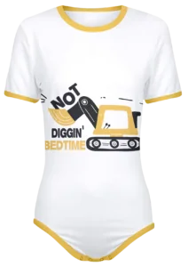 ABDL Construction Onesie - Not Diggin Bedtime with Cartoon Excavator on front - White with Yellow Trim