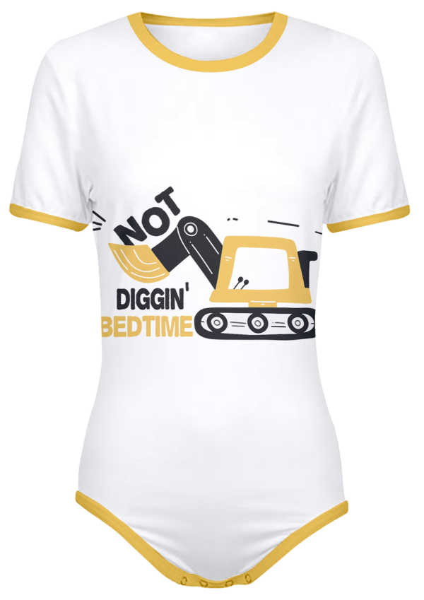 ABDL Construction Onesie - Not Diggin Bedtime with Cartoon Excavator on front - White with Yellow Trim