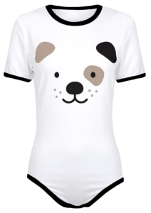 Adult Snap-Crotch Bodysuit ABDL Onesie featuring a Black, Brown, and White Puppy Dog