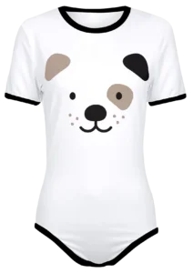 Adult Snap-Crotch Bodysuit ABDL Onesie featuring a Black, Brown, and White Puppy Dog