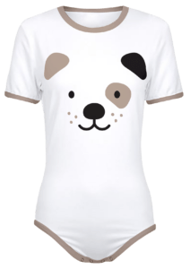 Adult Snap-Crotch Bodysuit ABDL Onesie in Brown and White featuring a lovable Puppy Dog Face