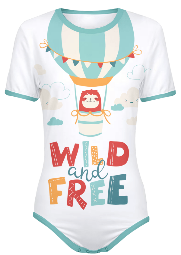 Adult Snap-Crotch Bodysuit ABDL Onesie with a Sloth in a Hot Air Balloon