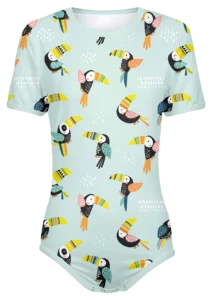 Adult Snap-Crotch Bodysuit ABDL Onesie featuring colorful Toucans