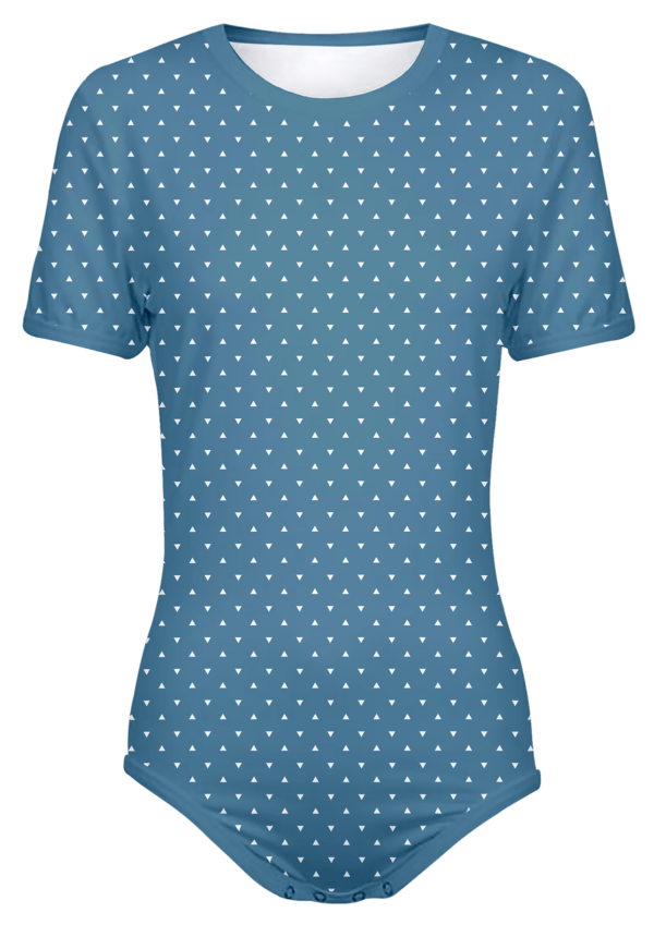Adult Snap-Crotch Bodysuit Undershirt Onesie on Blue with White Triangles Pattern