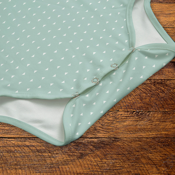 White Triangles Mint Green Onesie Snaps Closeup