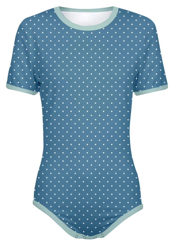 Adult Snap-Crotch Bodysuit Undershirt Onesie on Blue and Mint Green with White Triangles Pattern