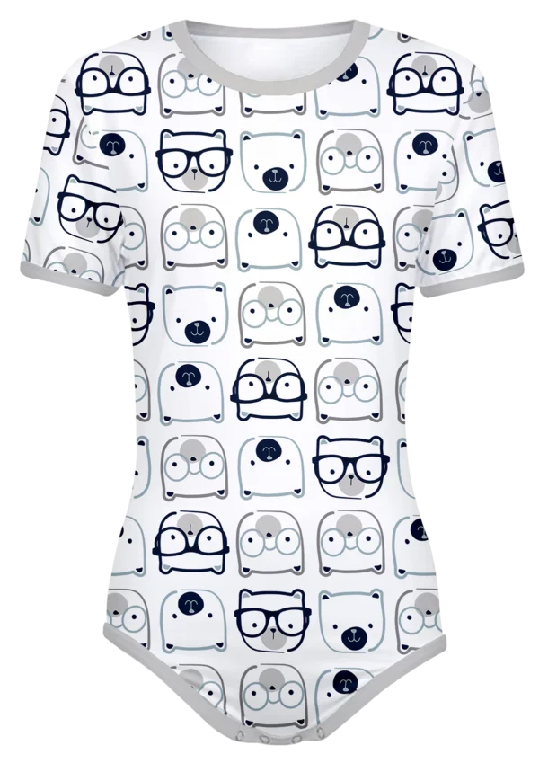 Adult Snap-Crotch Bodysuit ABDL Onesie featuring an all over cute bear print with gray trim