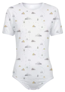 Adult Snap-Crotch Bodysuit ABDL Onesie in light gray with mountains and trails all over