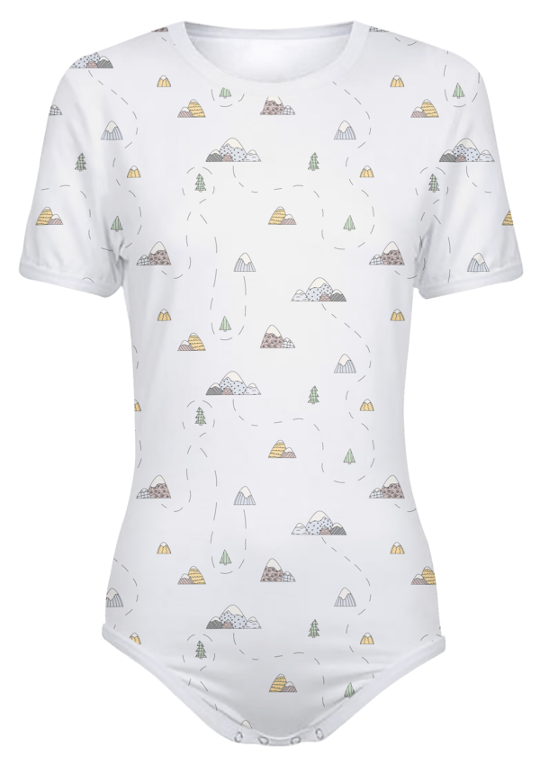 Adult Snap-Crotch Bodysuit ABDL Onesie in light gray with mountains and trails all over