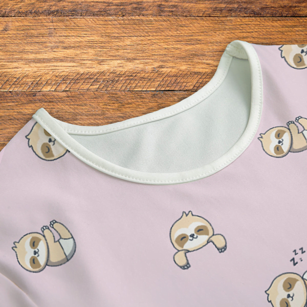 Slumbering Sloths Pattern Pink Onesie Neck Closeup Mockup V1