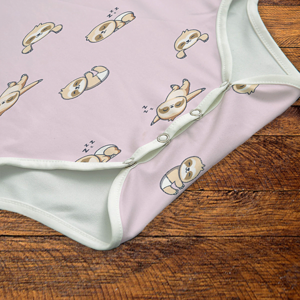 Slumbering Sloths Pattern Pink Onesie Snaps Closeup Mockup V1