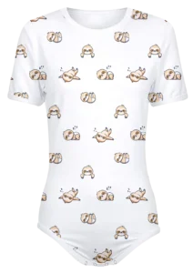 Adult Snap-Crotch Bodysuit Onesie with Slumbering Sloths Pattern in White