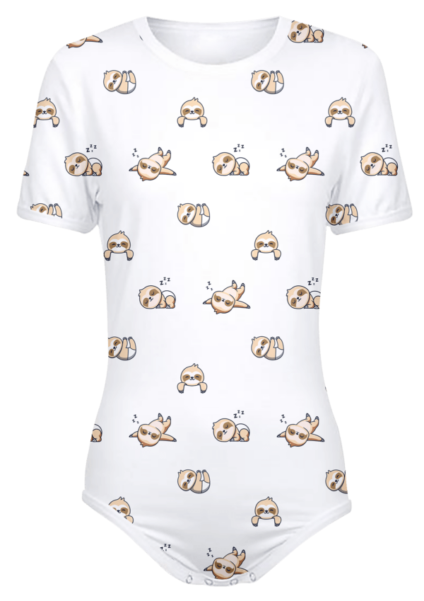 Adult Snap-Crotch Bodysuit Onesie with Slumbering Sloths Pattern in White
