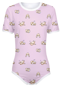 Adult Snap-Crotch Bodysuit ABDL Onesie in Pink with a pattern of Slumbering sloths all over