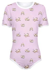 Adult Snap-Crotch Bodysuit ABDL Onesie in Pink with a pattern of Slumbering sloths all over