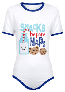 Adult Snap-Crotch Bodysuit ABDL Onesie White with Blue Trim Featuring a graphic with Smiling Milk and Cookies with the words Snacks Before Naps