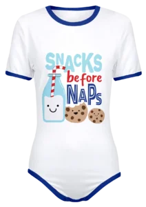 Adult Snap-Crotch Bodysuit ABDL Onesie White with Blue Trim Featuring a graphic with Smiling Milk and Cookies with the words Snacks Before Naps