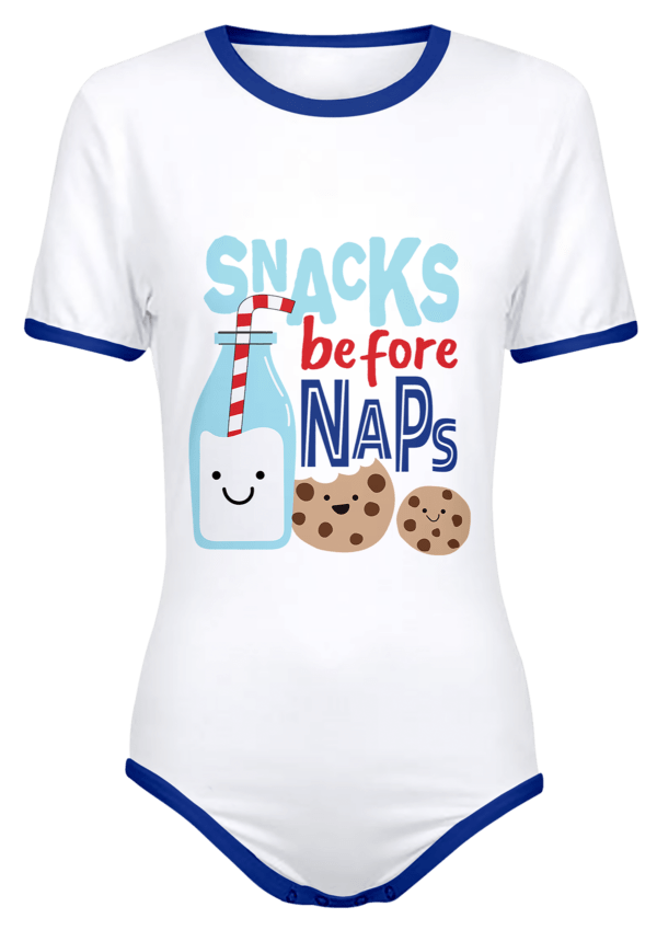 Adult Snap-Crotch Bodysuit ABDL Onesie White with Blue Trim Featuring a graphic with Smiling Milk and Cookies with the words Snacks Before Naps