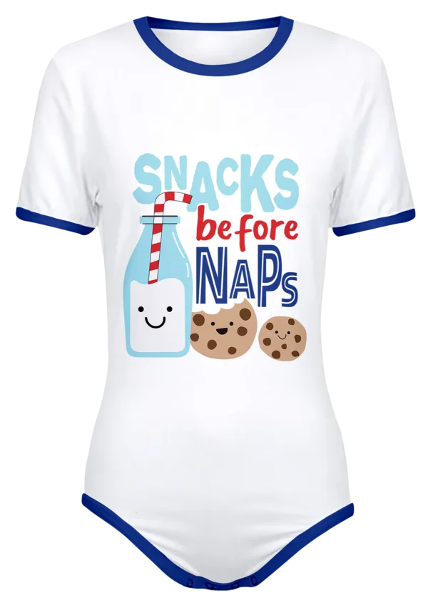 Adult Snap-Crotch Bodysuit ABDL Onesie White with Blue Trim Featuring a graphic with Smiling Milk and Cookies with the words Snacks Before Naps