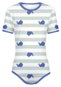 Adult Snap-Crotch Bodysuit ABDL Onesie with green stripes and blue whales all over