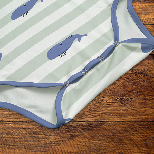 Whales and Stripes Blue Trim Onesie Snaps Closeup Mockup V1