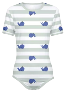 Adult Snap-Crotch Bodysuit ABDL Onesie with green stripes and friendly whales all over