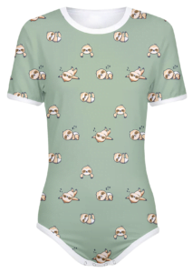 Adult Snap-Crotch Bodysuit ABDL Onesie in Green with a pattern of Slumbering sloths all over