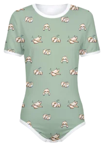 Adult Snap-Crotch Bodysuit ABDL Onesie in Green with a pattern of Slumbering sloths all over