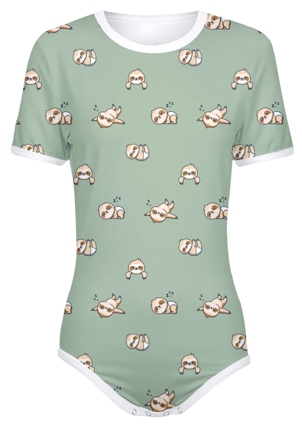 Adult Snap-Crotch Bodysuit ABDL Onesie in Green with a pattern of Slumbering sloths all over