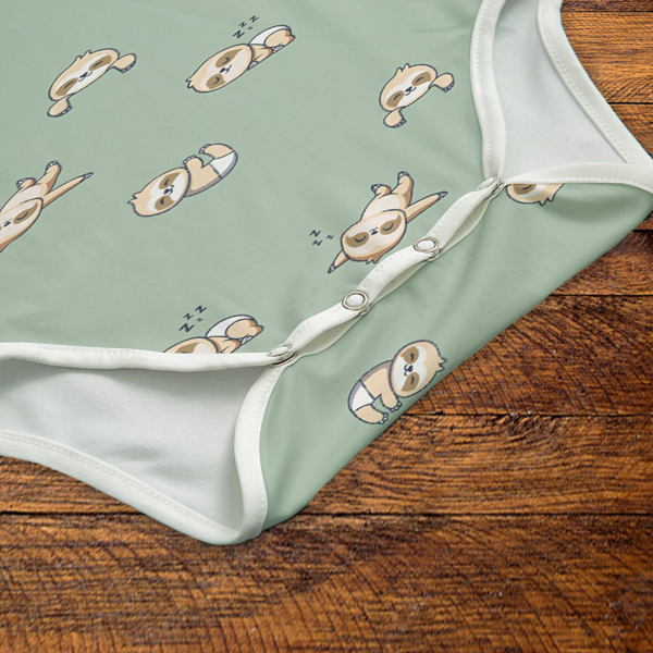 Slumbering Sloths Green Onesie Snaps Closeup Mockup V1